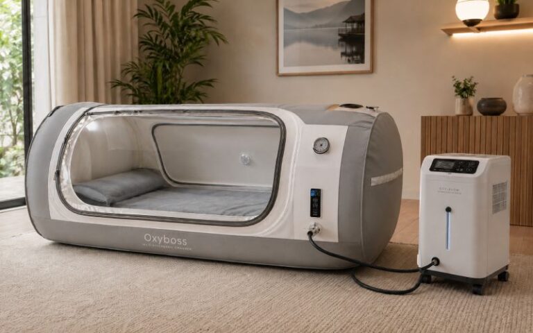 A mild hyperbaric chamber in a calm wellness room setting