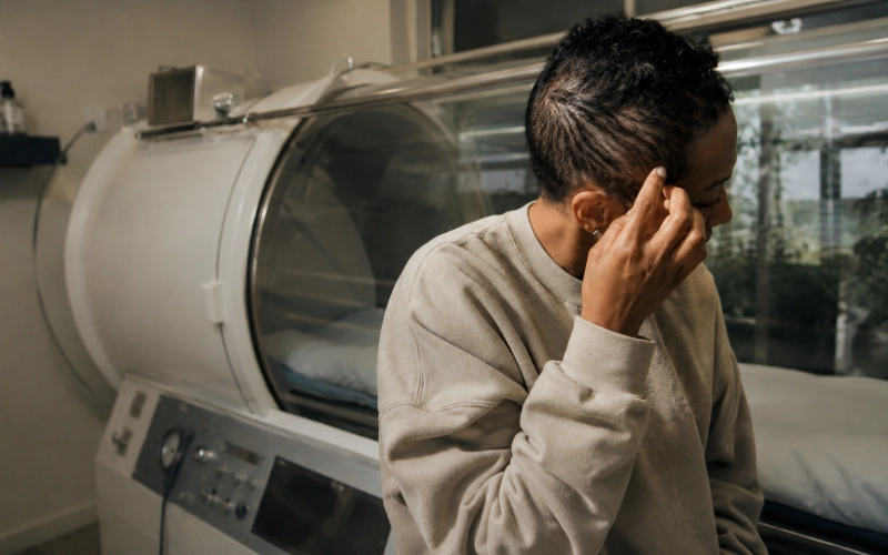 Adult showing new temple hair beside a hyperbaric chamber.