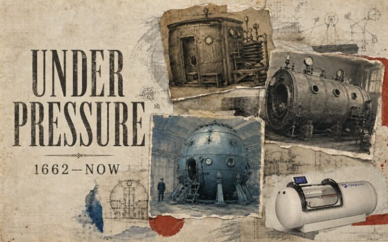 An archival collage tracing the history of hyperbaric chambers
