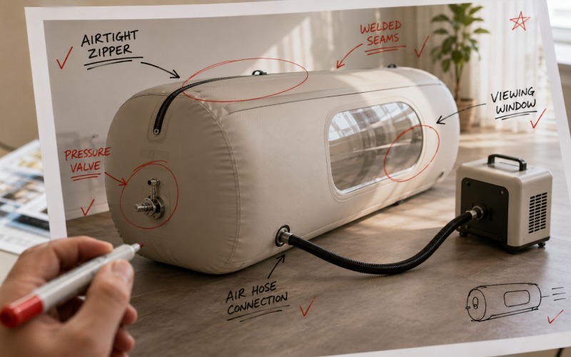 Annotated inspection points on a hyperbaric chamber