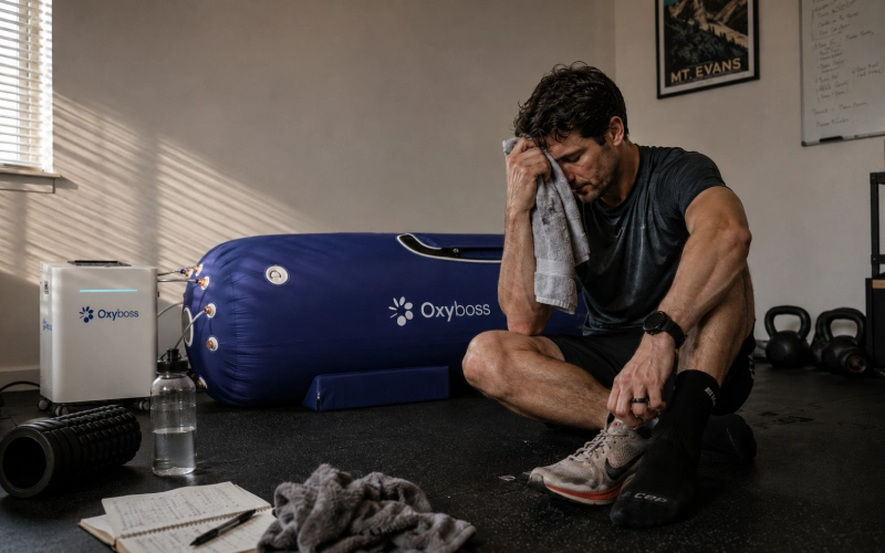 Athlete recovering beside a mild hyperbaric chamber