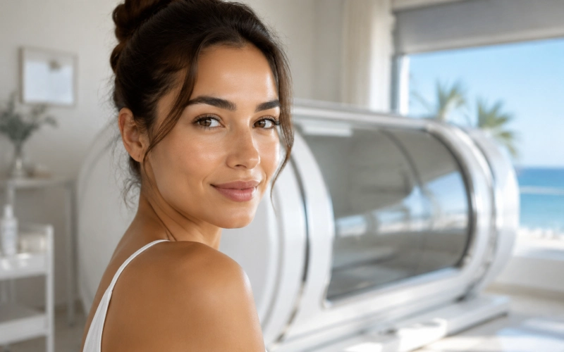 Beauty editorial portrait with a hyperbaric chamber in the background