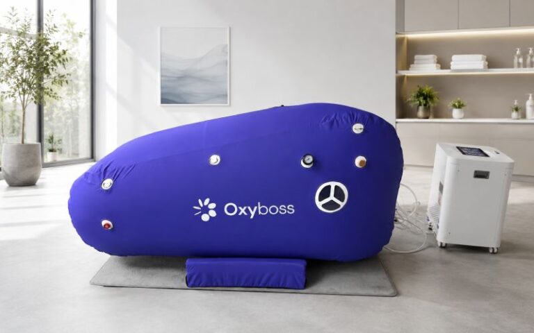 Blue Oxyboss soft-shell hyperbaric chamber in a wellness room