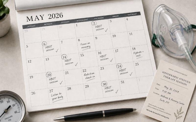 Calendar showing repeated hyperbaric oxygen sessions over several weeks