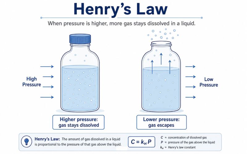 Carbonated drink analogy explaining Henry's Law and dissolved gas under pressure
