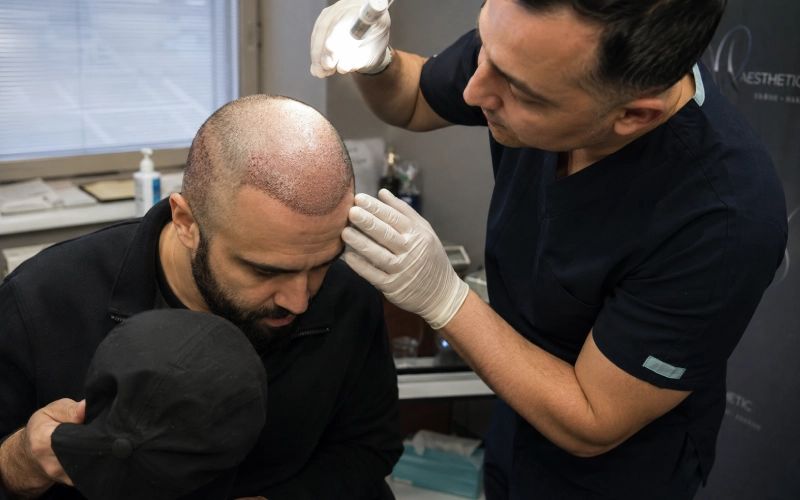 Clinician checking a scalp after a hair transplant