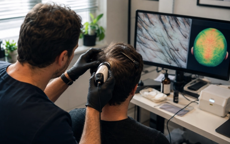 Clinician examining hair follicles with a scalp camera
