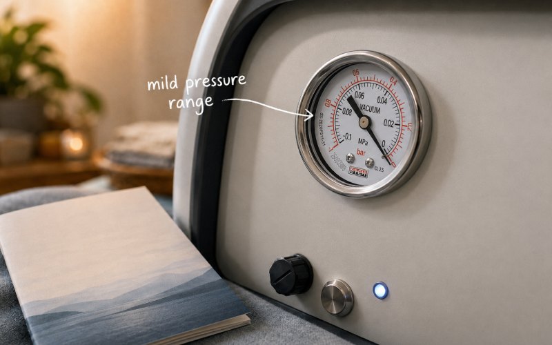 Close-up of hyperbaric chamber pressure gauge