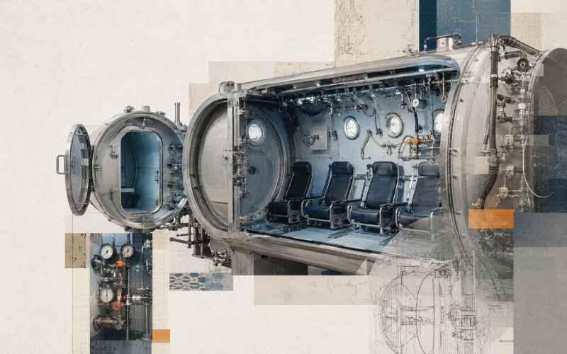 Cutaway collage of a twin-lock decompression chamber system