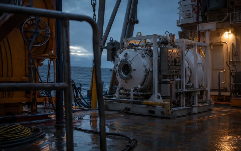 Decompression chamber installed on a wet offshore vessel deck