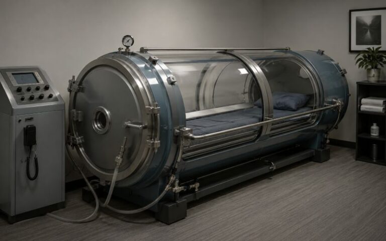 Empty hard-shell hyperbaric oxygen chamber in a quiet wellness room