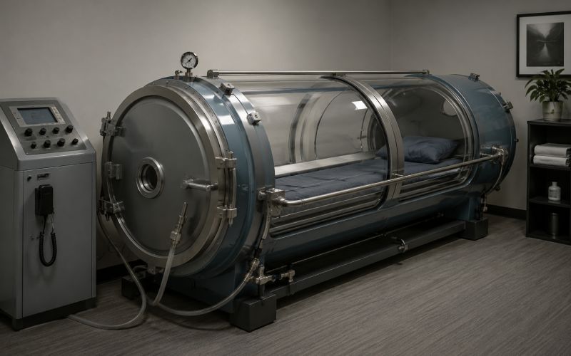 Empty hard-shell hyperbaric oxygen chamber in a quiet wellness room