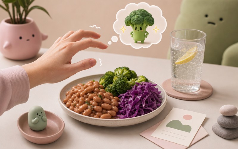 Gassy foods on a table before a wellness session