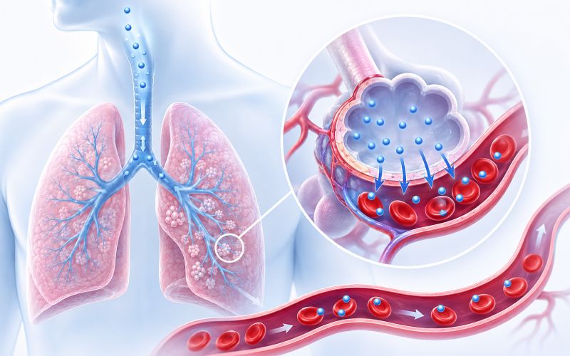 Oxygen molecules entering the bloodstream through the lungs