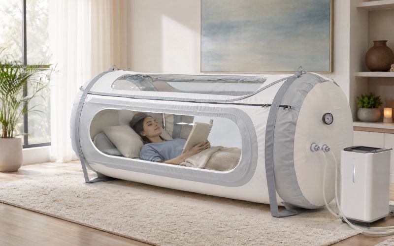 Person relaxing in a mild hyperbaric chamber