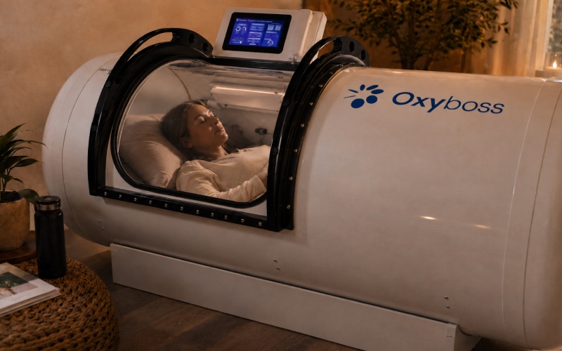 Person relaxing inside a transparent hyperbaric oxygen chamber