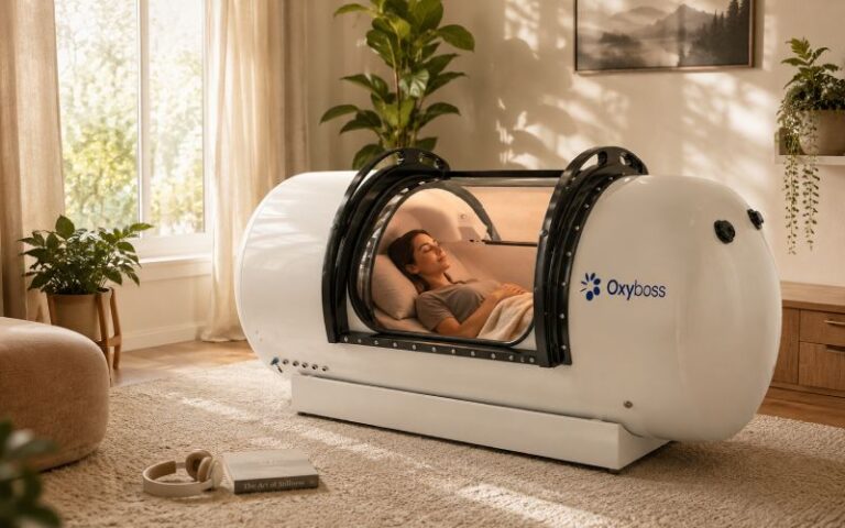 Person resting inside a hard-shell hyperbaric chamber
