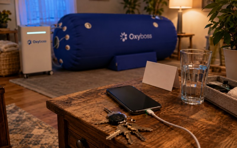 Smartphone charging outside a home hyperbaric chamber setup