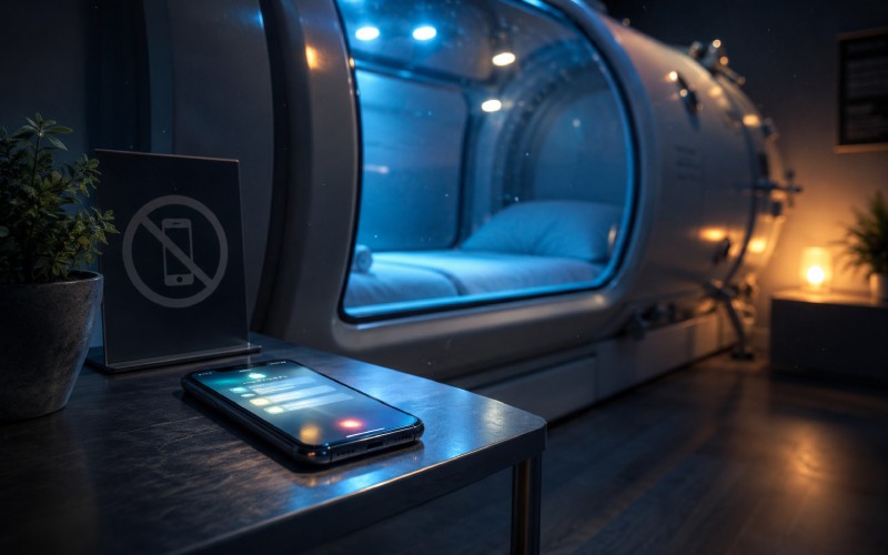 Smartphone left outside a softly glowing hyperbaric oxygen chamber