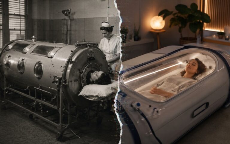 Split comparison of iron lung and hyperbaric chamber