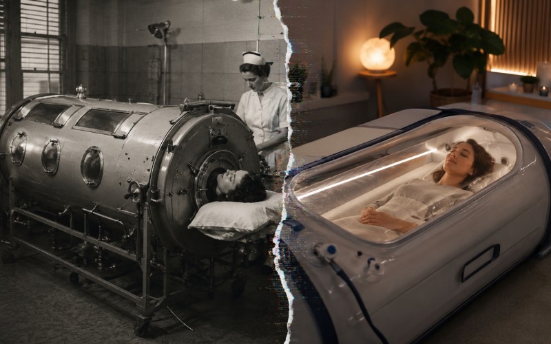 Split comparison of iron lung and hyperbaric chamber