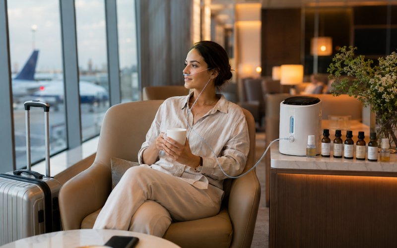Traveler using an oxygen bar in a stylish airport lounge