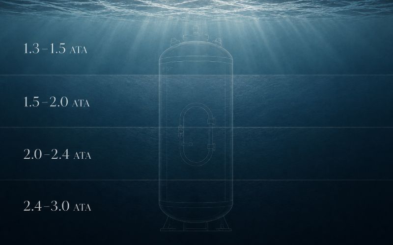 Underwater-style chart showing hyperbaric chamber pressure levels by ATA