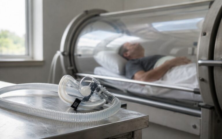Unused oxygen mask beside a mask-free monoplace chamber