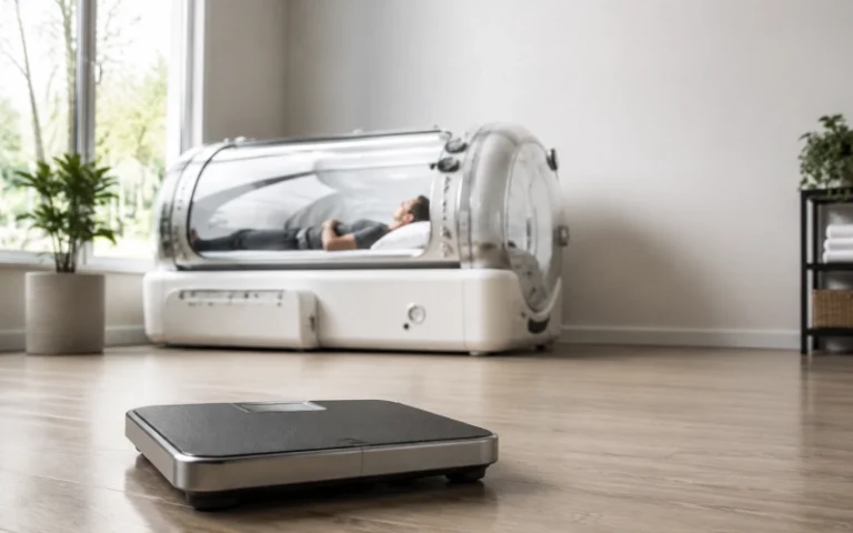Weight scale in front of a hyperbaric chamber