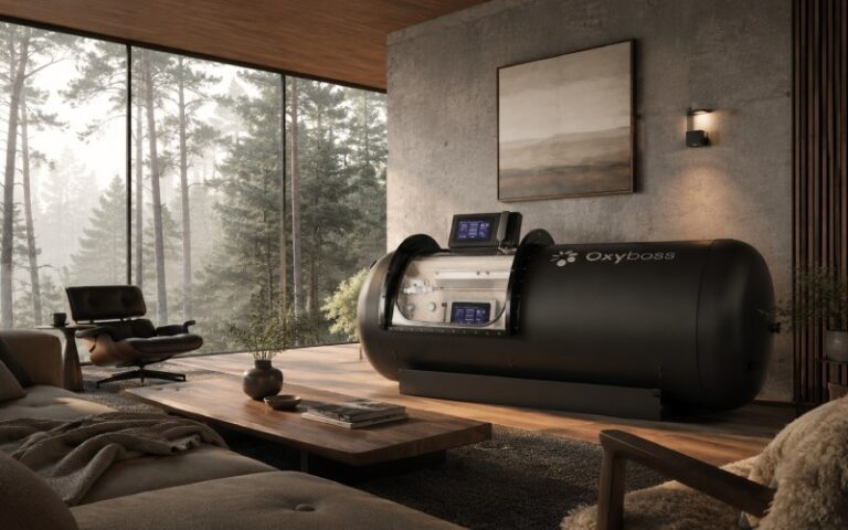 black hyperbaric chamber styled like a modern sculpture