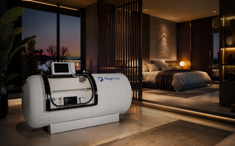 cozy bed in the background and a sleek hyperbaric chamber in the foreground