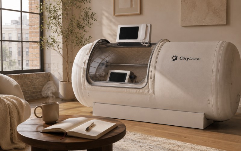 fabric-covered home hyperbaric chamber next to a side table