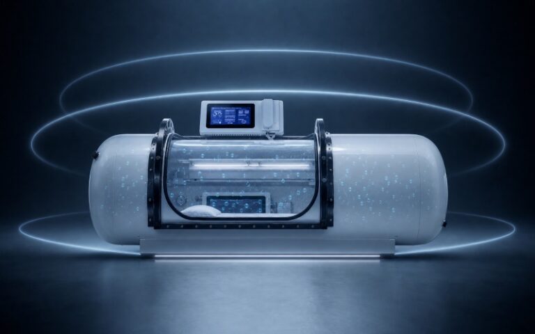hyperbaric oxygen chamber with glowing pressure rings