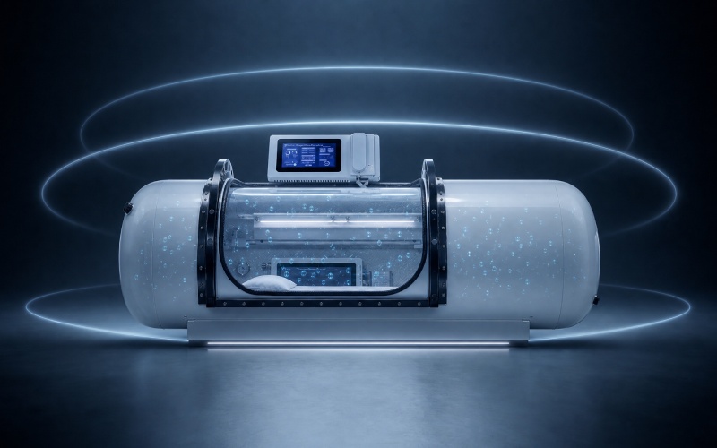 hyperbaric oxygen chamber with glowing pressure rings