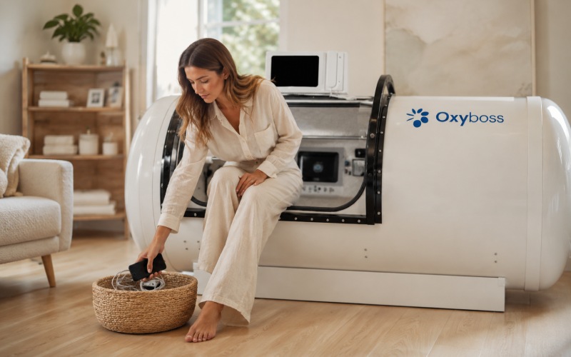 person placing their phone into a basket before entering a hyperbaric chamber