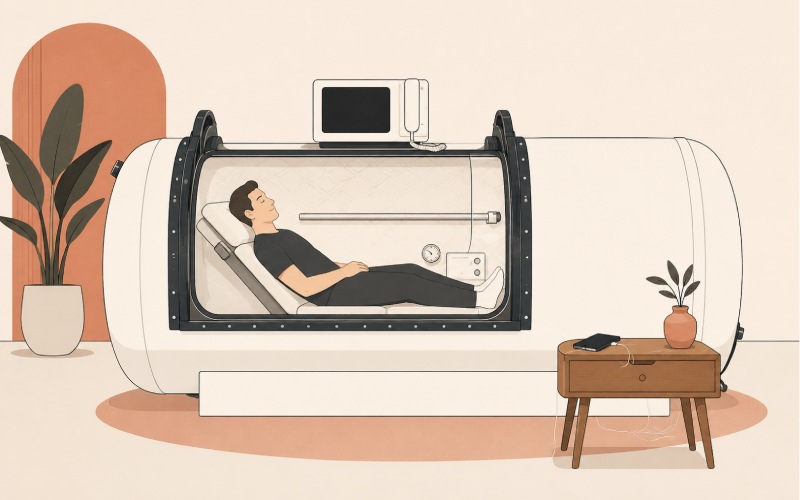 person relaxing in a minimalist hyperbaric chamber