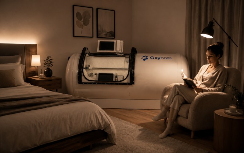 stylish home hyperbaric chamber next to a reading chair