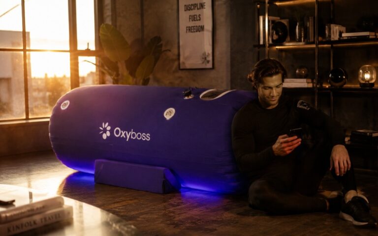 Aesthetic biohacking room with a hyperbaric chamber at sunset