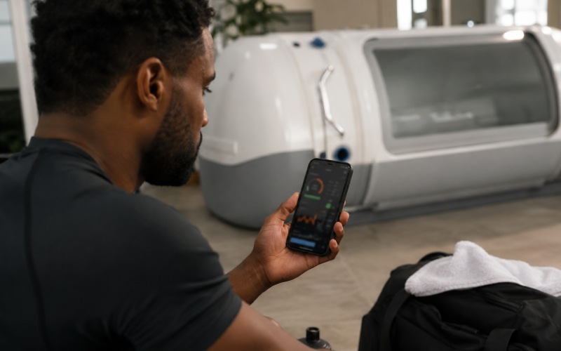 Athlete checking recovery data near chamber