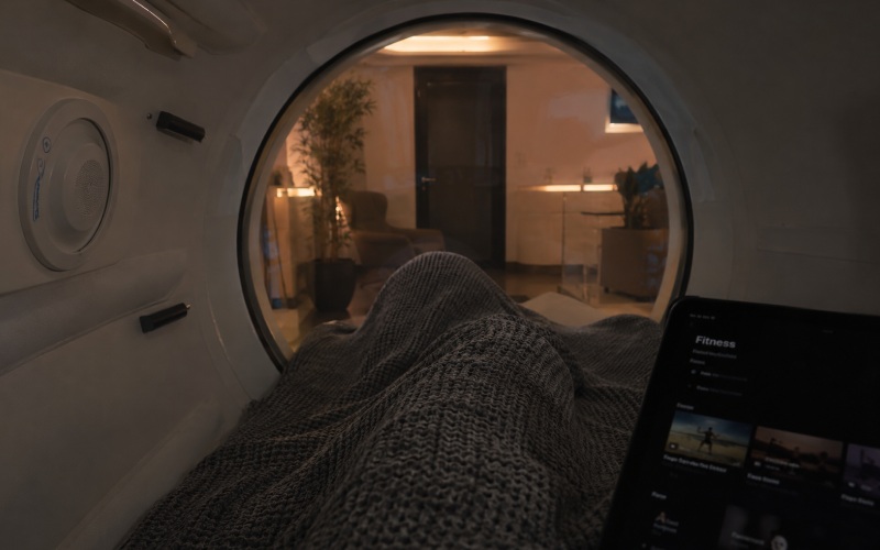 Cozy first-person POV looking out of a hyperbaric chamber window