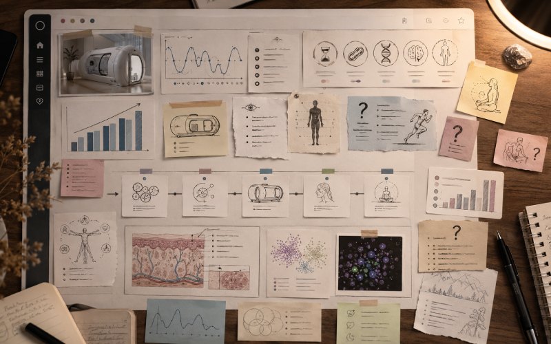 Editorial research board showing hyperbaric chamber wellness trends