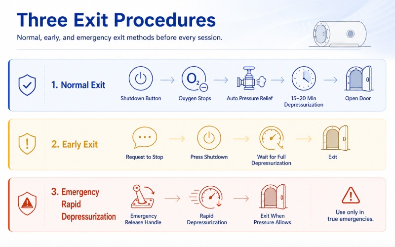 Flowchart showing normal exit, early exit, and emergency rapid depressurization procedures for a non-medical hyperbaric chamber