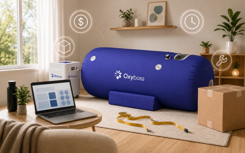 Home hyperbaric chamber with rental box and cost planning setup