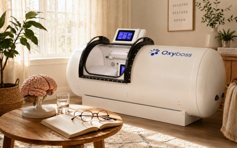 Home oxygen chamber with brain model on table