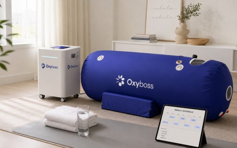 Mild hyperbaric chamber set up in a calm home wellness space