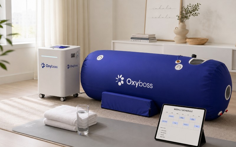 Mild hyperbaric chamber set up in a calm home wellness space