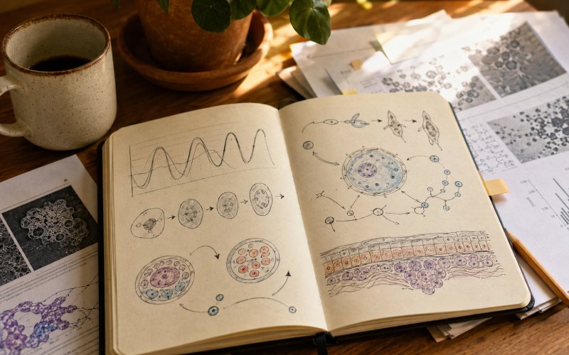 Notebook with hand-drawn oxygen rhythm and cell diagrams
