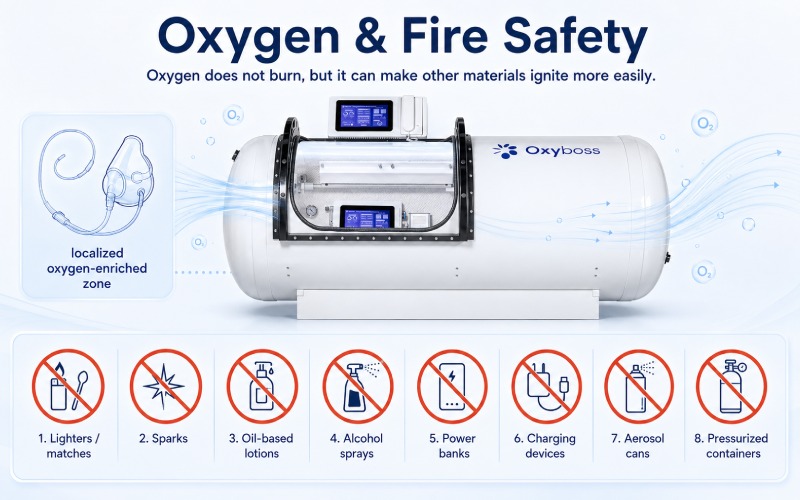 Oxygen and fire safety infographic for non-medical hyperbaric chambers