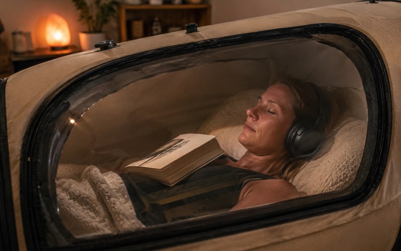Person resting with headphones inside a mild hyperbaric chamber