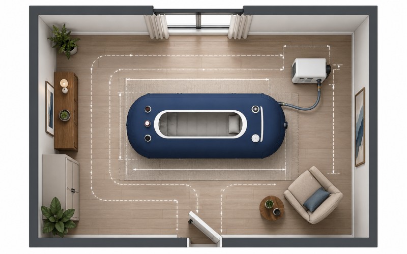 Top-down room layout showing the footprint of a home hyperbaric chamber